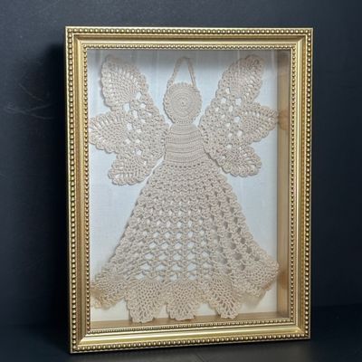 LOT 145: Handmade Crocheted Angel in a Gold Framed Display Box, Resin Sleeping Angel Shelf Sitter Sculpture, Pottery Planter & Faux...