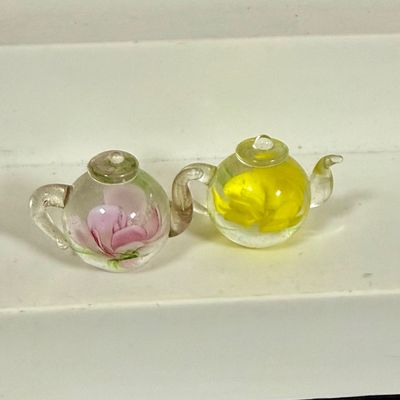 LOT 75: Collection of Miniature Enamel Teapots by Kelvin Chen, Mini Glass Flower Teapot Paperweights, Lenox Shell Shaped Dish & More