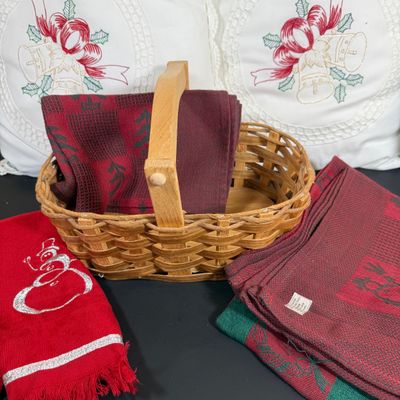 LOT 164: Large Assortment of Holiday Tea Towels, Napkins, Stockings Pillows Decor and More