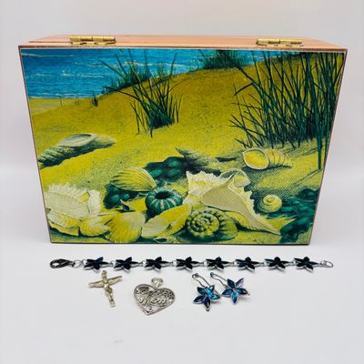 LOT 205: Seaside Themed Cedar Memory Box & Fashion Jewelry