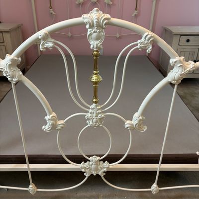 LOT 148: Vintage Full Size White Enamel & Brass Headboard, Footboard & Bed Frame