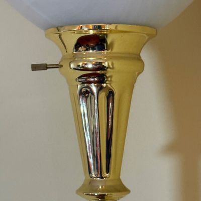 LOT 64: Wooden 4-Sided Drop Cloverleaf Pedestal Table, Floor Lamp and Floral Wall Art