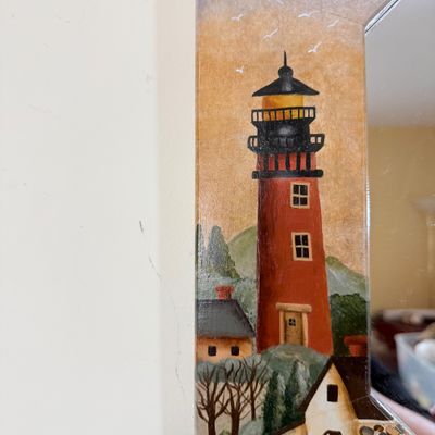 LOT 19: Metal Side Table with Glass Top, Nautical Painted Mirror and Floor Lamp