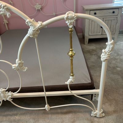 LOT 148: Vintage Full Size White Enamel & Brass Headboard, Footboard & Bed Frame