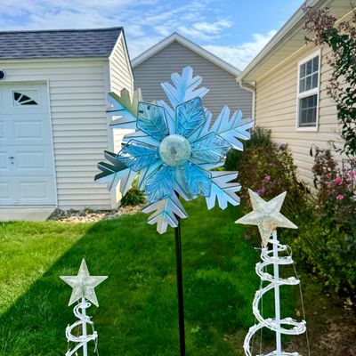 LOT 63: Assortment of Christmas Lawn Decorations Including Rope Light Christmas Trees, Candy Cane Lights. Snowflake Wind Spinner, Red...