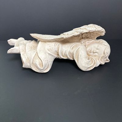 LOT 145: Handmade Crocheted Angel in a Gold Framed Display Box, Resin Sleeping Angel Shelf Sitter Sculpture, Pottery Planter & Faux...
