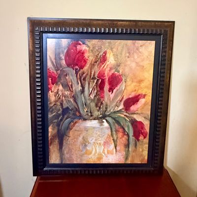 LOT 64: Wooden 4-Sided Drop Cloverleaf Pedestal Table, Floor Lamp and Floral Wall Art