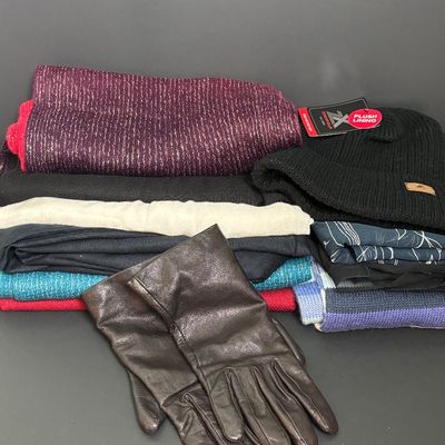 LOT 144: Cara by Gates Cashmere Lined Leather Gloves, Zeroxposur Plush Lining Cold Weather Hat & Scarves