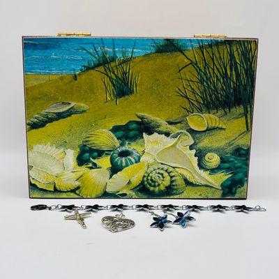LOT 205: Seaside Themed Cedar Memory Box & Fashion Jewelry