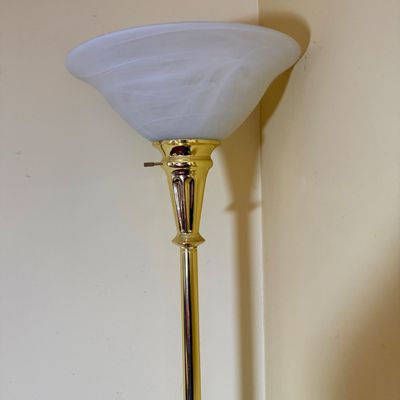 LOT 64: Wooden 4-Sided Drop Cloverleaf Pedestal Table, Floor Lamp and Floral Wall Art