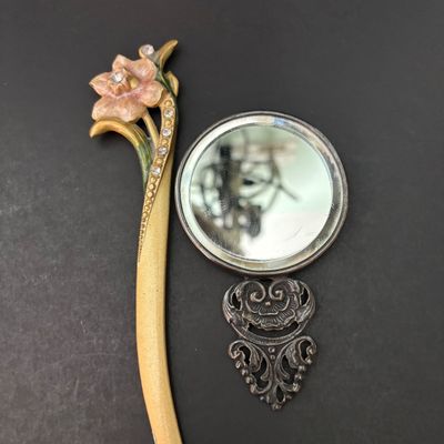 LOT 143: Vintage Hand/Purse Mirror-Denmark, Porcelain Clock, Vibrant Blue Floral Babushka Square Shawl, Flower Lacquer Trinket Box