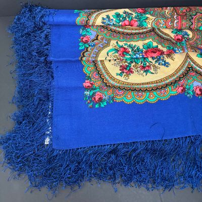LOT 143: Vintage Hand/Purse Mirror-Denmark, Porcelain Clock, Vibrant Blue Floral Babushka Square Shawl, Flower Lacquer Trinket Box