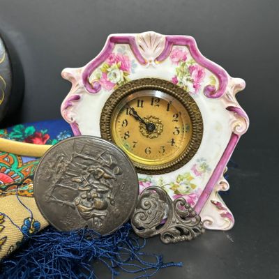 LOT 143: Vintage Hand/Purse Mirror-Denmark, Porcelain Clock, Vibrant Blue Floral Babushka Square Shawl, Flower Lacquer Trinket Box
