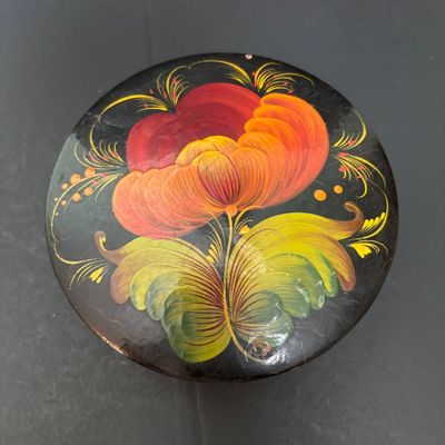 LOT 143: Vintage Hand/Purse Mirror-Denmark, Porcelain Clock, Vibrant Blue Floral Babushka Square Shawl, Flower Lacquer Trinket Box