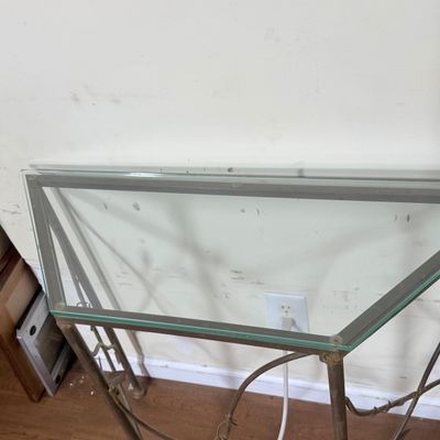 LOT 19: Metal Side Table with Glass Top, Nautical Painted Mirror and Floor Lamp