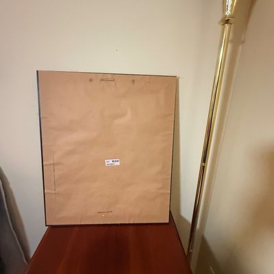 LOT 64: Wooden 4-Sided Drop Cloverleaf Pedestal Table, Floor Lamp and Floral Wall Art