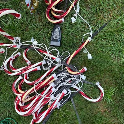 LOT 63: Assortment of Christmas Lawn Decorations Including Rope Light Christmas Trees, Candy Cane Lights. Snowflake Wind Spinner, Red...