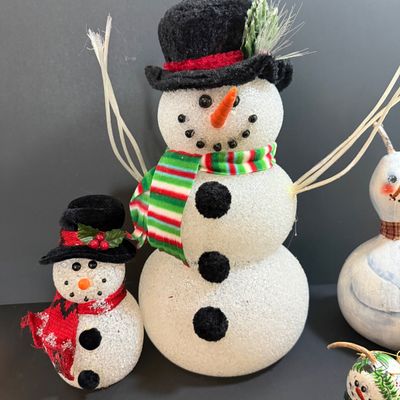 LOT 20: Collection of Festive Snowmen and Other Holiday Decor Including Painted Gourds and a Glass Frog Santa