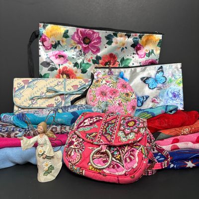 LOT 141: Vera Bradley Call Me Coral Small Crossbody, July Angel Accent Figurine, Zipper Pouches, Scarves & More