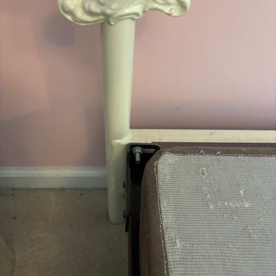 LOT 148: Vintage Full Size White Enamel & Brass Headboard, Footboard & Bed Frame
