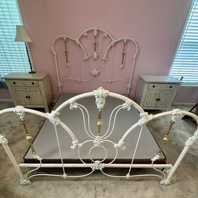 LOT 148: Vintage Full Size White Enamel & Brass Headboard, Footboard & Bed Frame