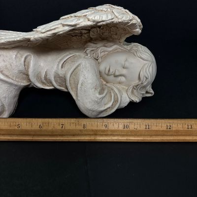 LOT 145: Handmade Crocheted Angel in a Gold Framed Display Box, Resin Sleeping Angel Shelf Sitter Sculpture, Pottery Planter & Faux...