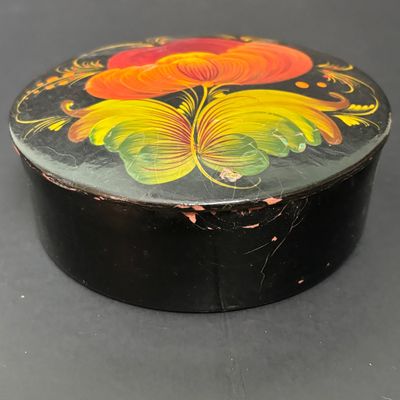 LOT 143: Vintage Hand/Purse Mirror-Denmark, Porcelain Clock, Vibrant Blue Floral Babushka Square Shawl, Flower Lacquer Trinket Box
