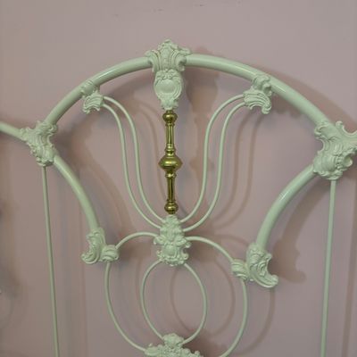 LOT 148: Vintage Full Size White Enamel & Brass Headboard, Footboard & Bed Frame