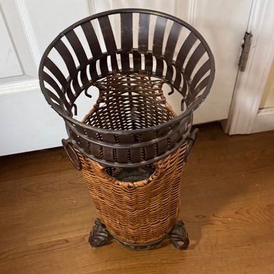 LOT 163: Metal and Wicker Umbrella Stand with Umbrellas