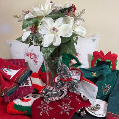 LOT 164: Large Assortment of Holiday Tea Towels, Napkins, Stockings Pillows Decor and More
