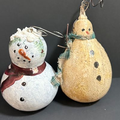 LOT 20: Collection of Festive Snowmen and Other Holiday Decor Including Painted Gourds and a Glass Frog Santa
