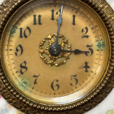 LOT 143: Vintage Hand/Purse Mirror-Denmark, Porcelain Clock, Vibrant Blue Floral Babushka Square Shawl, Flower Lacquer Trinket Box