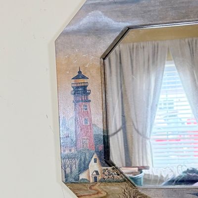 LOT 19: Metal Side Table with Glass Top, Nautical Painted Mirror and Floor Lamp