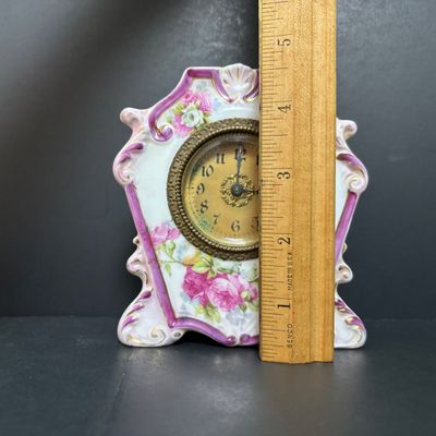 LOT 143: Vintage Hand/Purse Mirror-Denmark, Porcelain Clock, Vibrant Blue Floral Babushka Square Shawl, Flower Lacquer Trinket Box