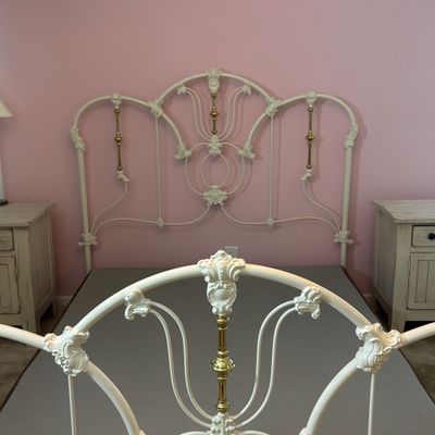 LOT 148: Vintage Full Size White Enamel & Brass Headboard, Footboard & Bed Frame