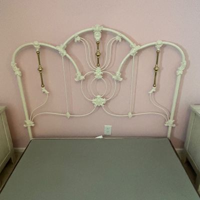 LOT 148: Vintage Full Size White Enamel & Brass Headboard, Footboard & Bed Frame