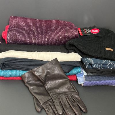 LOT 144: Cara by Gates Cashmere Lined Leather Gloves, Zeroxposur Plush Lining Cold Weather Hat & Scarves