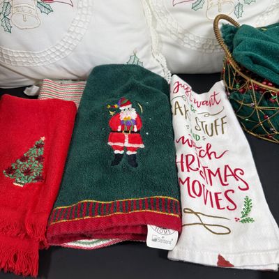 LOT 164: Large Assortment of Holiday Tea Towels, Napkins, Stockings Pillows Decor and More
