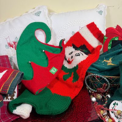 LOT 164: Large Assortment of Holiday Tea Towels, Napkins, Stockings Pillows Decor and More
