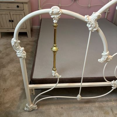 LOT 148: Vintage Full Size White Enamel & Brass Headboard, Footboard & Bed Frame