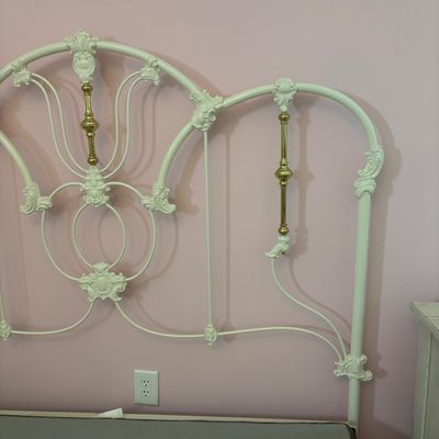 LOT 148: Vintage Full Size White Enamel & Brass Headboard, Footboard & Bed Frame