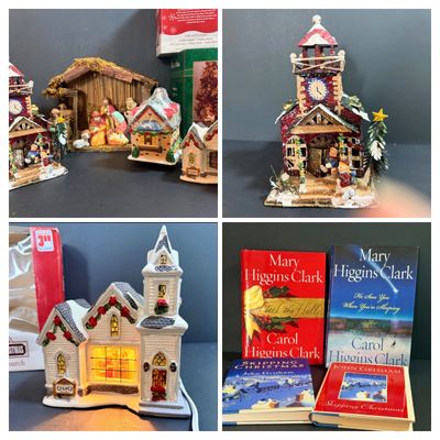 LOT 24: Holiday Novels by Mary Higgens Clark and John Grisham, Nativity Set In Original Box, Metal Church Candle Holder and More