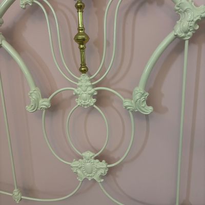 LOT 148: Vintage Full Size White Enamel & Brass Headboard, Footboard & Bed Frame