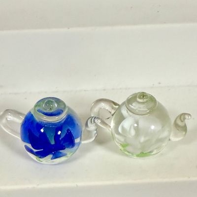 LOT 75: Collection of Miniature Enamel Teapots by Kelvin Chen, Mini Glass Flower Teapot Paperweights, Lenox Shell Shaped Dish & More