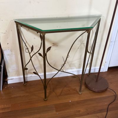 LOT 19: Metal Side Table with Glass Top, Nautical Painted Mirror and Floor Lamp