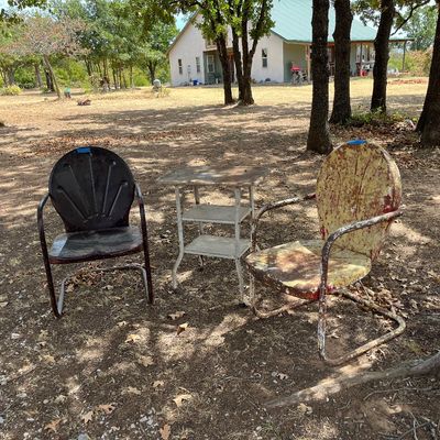 Vintage metal yard chairs, table