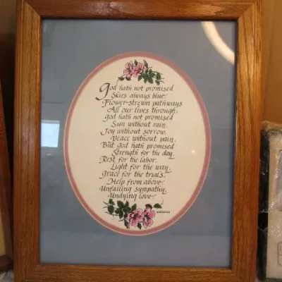 Sale Photo Thumbnail #656: Framed Floral pictures is 14" x14", Framed Poem pictures is 17" x 13-3/4",  Friends frame is 9" x 7", Framed Wolf picture is 8" x 6", See pictures