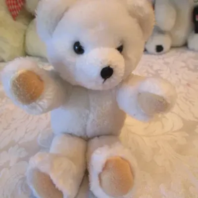 Sale Photo Thumbnail #562: One is a Coca-Cola Bear, tiny bear is a jointed Russ bear, small white bear is a Russ Bear, new with tags 18" white bear is a jointed Fiesta bear, see pictures