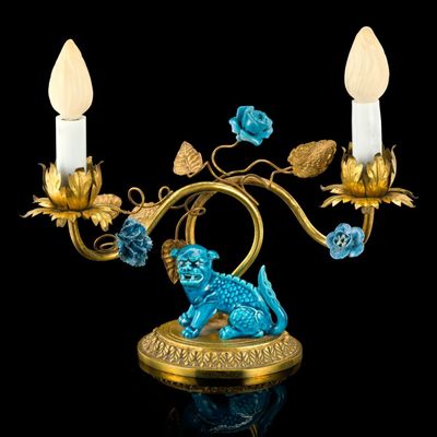 Sale Photo Thumbnail #112: Chinese Ceramic and Gilt Bronze Foo Dog Lamp