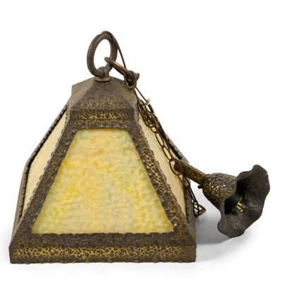 Sale Photo Thumbnail #172: Arts and Crafts Hammered Brass and Slag Glass Hanging Fixture